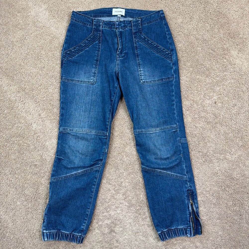 Frame Jean Women 29 Blue Banded Bottom Trapunto Denim Double Knee Jogger Utility